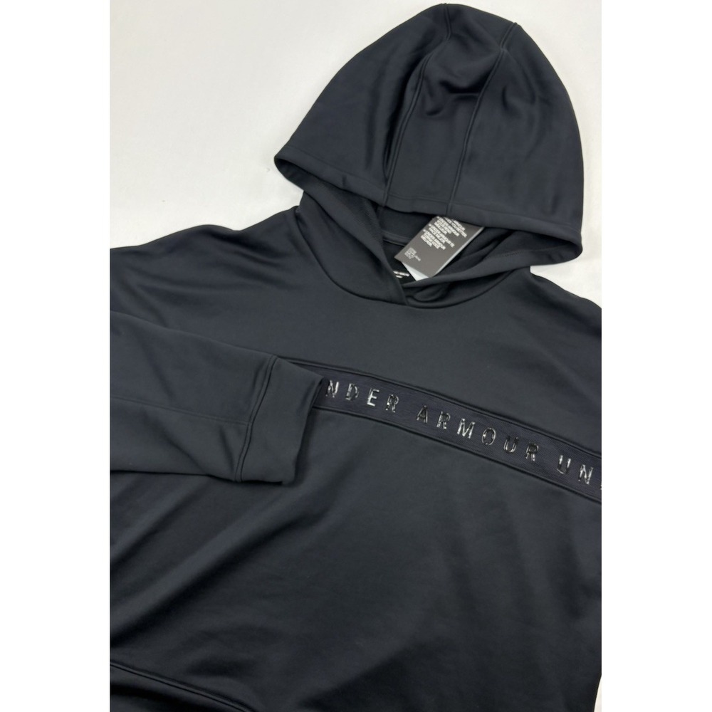 NWT Under Armour Black Mesh Logo Cropped Loose Pullover Hoodie Women's Medium